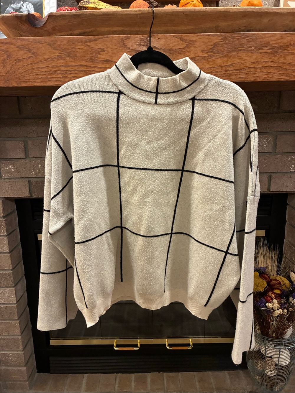 Anna Cai New York Grid Print Sweater Ivory Black Mock Neck Size L